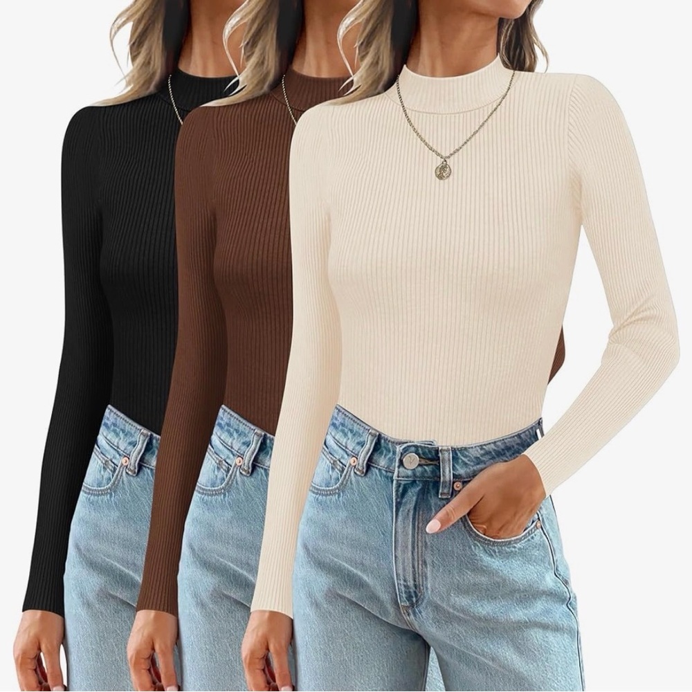 🆕 NWT 3 Pack Ekouaer Women's Ribbed Bodysuits - Black, Brown, Cream
